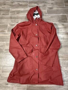Pendleton Surrey Slicker Hooded Rain Coat Women Med Red Glacier Stripe Lining
